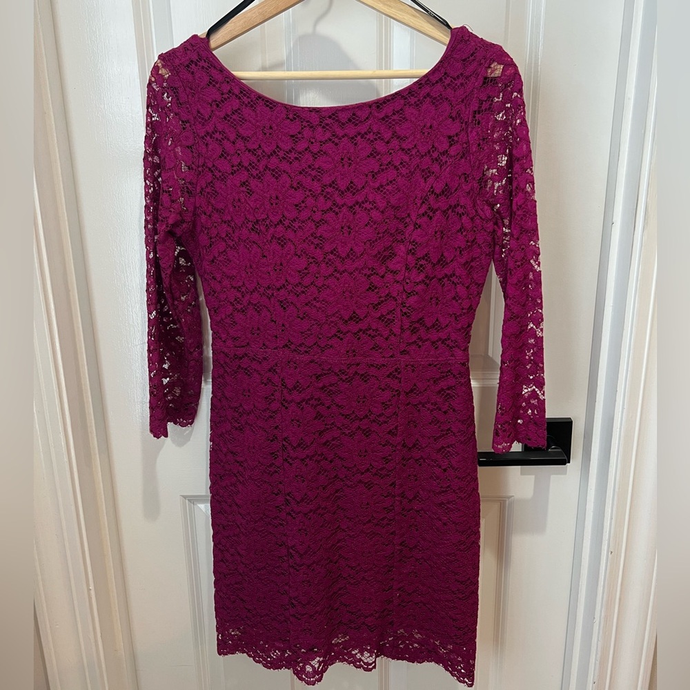 3/4 sleeve magenta lace dress